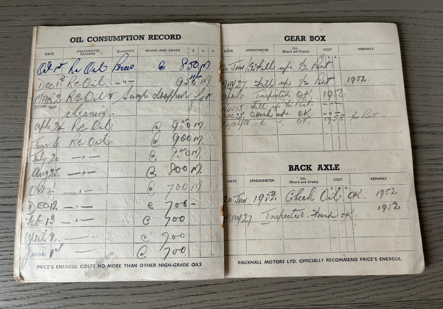 PRICE’S ENERGOL Maintenance Log Book