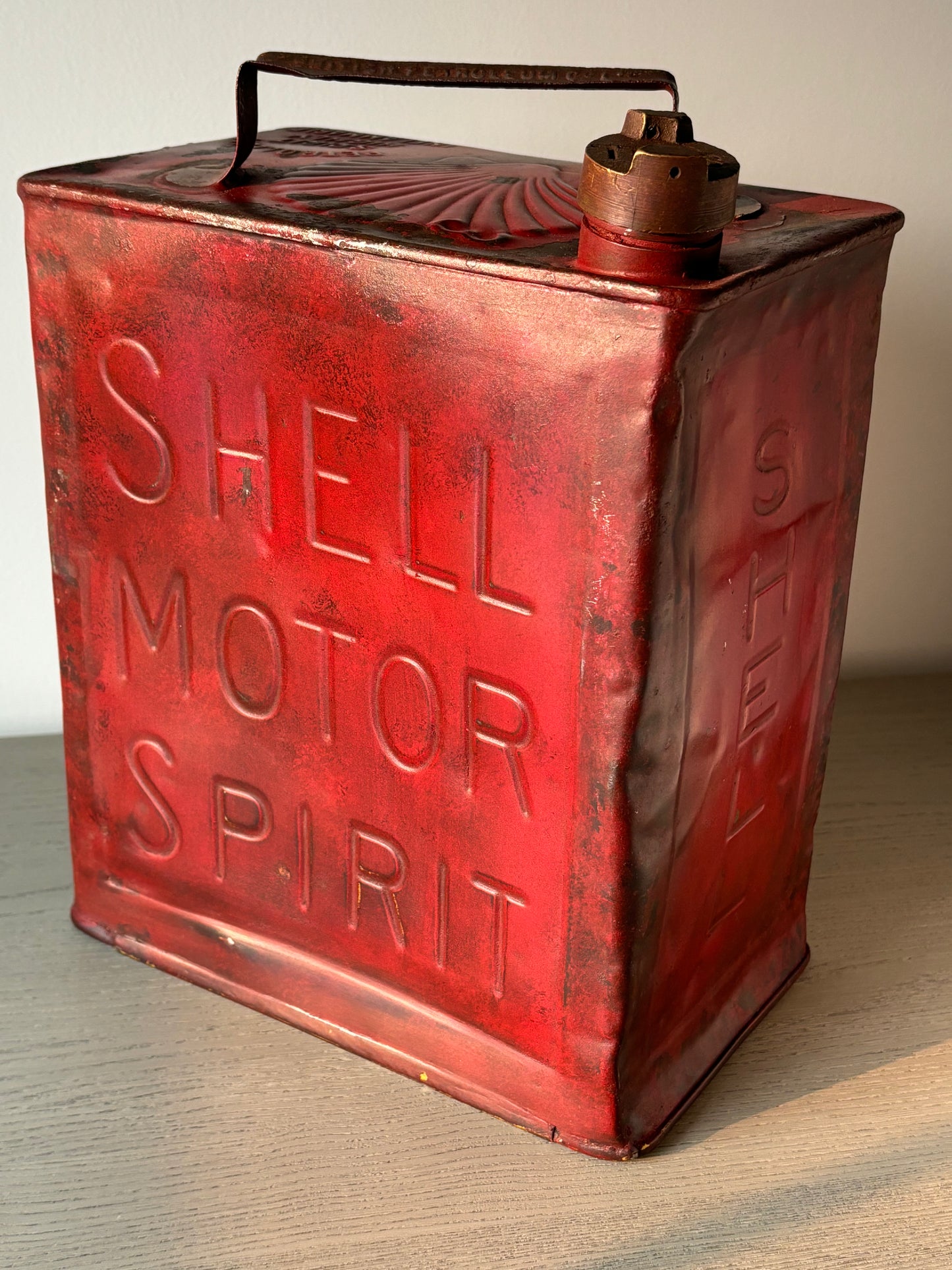 1914 SHELL Motor Spirit petrol can with original brass plaque.