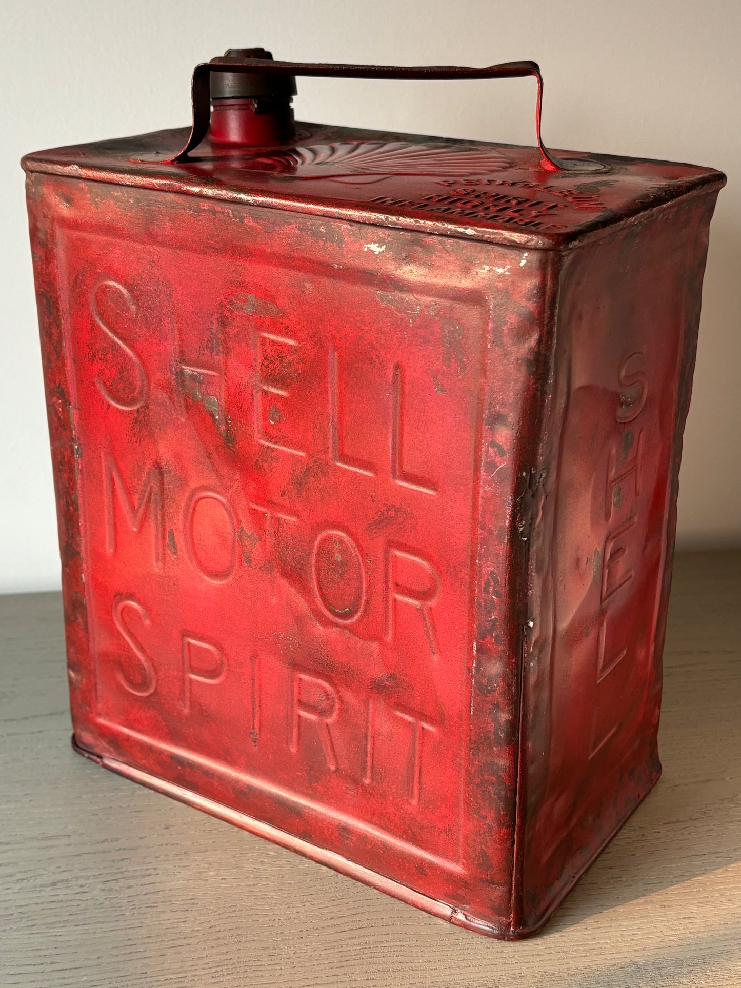 1914 SHELL Motor Spirit petrol can with original brass plaque.